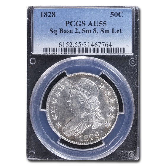 1828 Capped Bust Half Dollar AU-55 PCGS (Sq Base 2 Sm 8's, Sm Lt) 1828 Capped Bust Half Dollar AU-55 PCGS (Sq Base 2 Sm 8's, Sm Lt)